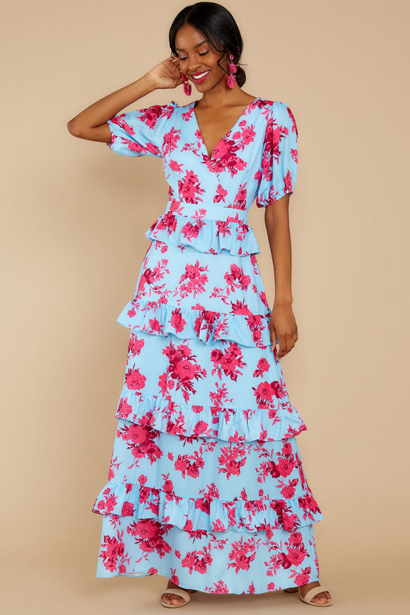 Confession Of Love Light Blue Floral Print Maxi Dress