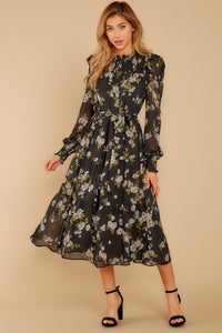 Giving My All Black Floral Print Midi Dress
