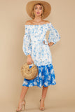 Looking Forward To Spring Blue Multi Off The Shoulder Midi Dress