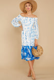 Looking Forward To Spring Blue Multi Off The Shoulder Midi Dress