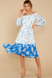 Looking Forward To Spring Blue Multi Off The Shoulder Midi Dress