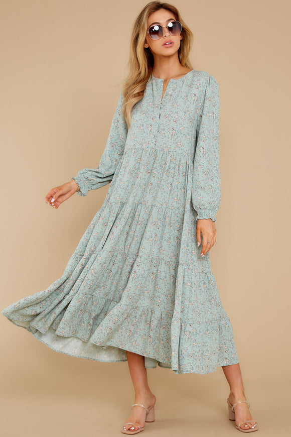 In The Air Mint Floral Print Midi Dress