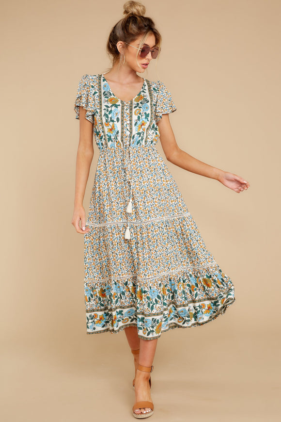 Fall For Florals Ivory Print Midi Dress