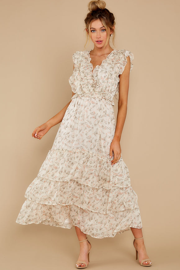 Timeless Essence Ivory Floral Print Maxi Dress