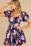 Spring In Your Step Navy Floral Print Dress