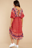 Out Of Envy Red Multi Print Midi Dress